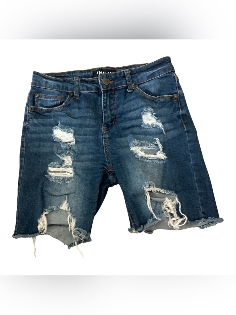 Distressed Dark Blue Denim Shorts 99% Cotton Size S